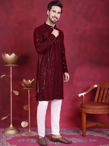 Jompers Men's Sequins Chikankari Embroidered Kurta with Pyjama - Maroon