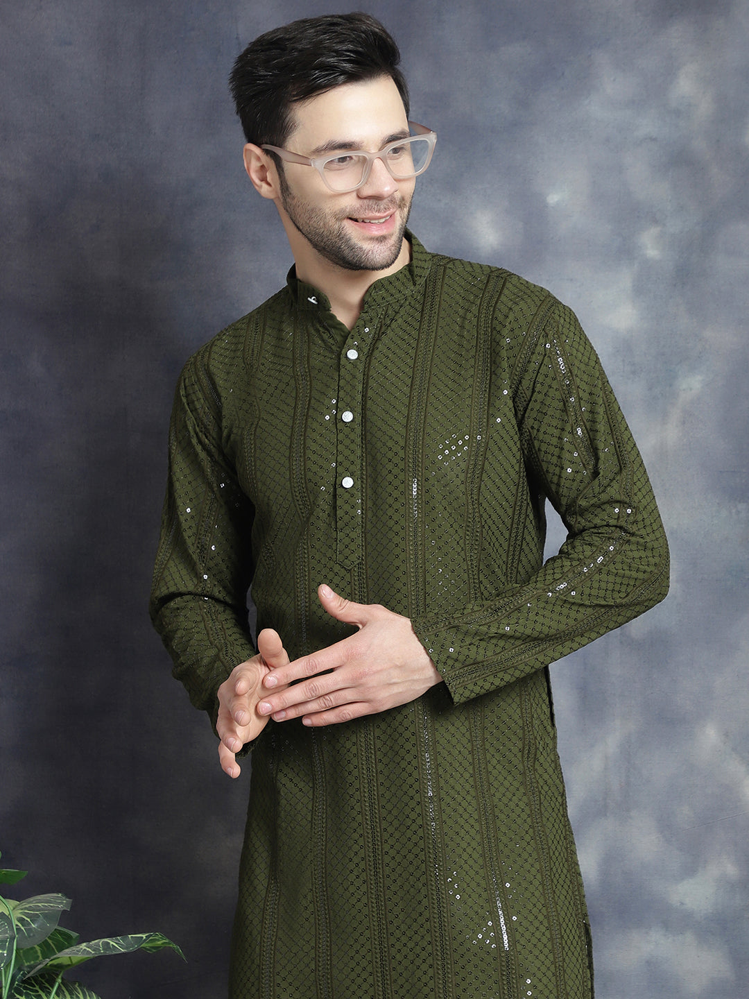 Jompers Men's Sequins Chikankari Embroidered Kurta with Pyjama - Mehndi