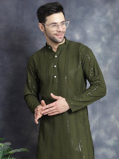 Jompers Men's Sequins Chikankari Embroidered Kurta with Pyjama - Mehndi