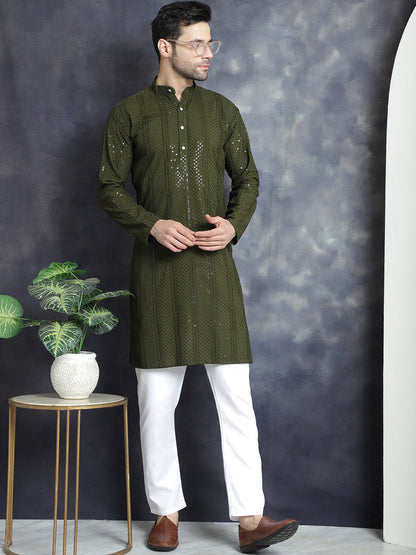 Jompers Men's Sequins Chikankari Embroidered Kurta with Pyjama - Mehndi