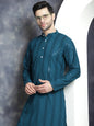 Jompers Men's Sequins Chikankari Embroidered Kurta with Pyjama - Peacock