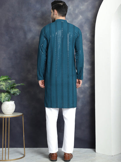 Jompers Men's Sequins Chikankari Embroidered Kurta with Pyjama - Peacock