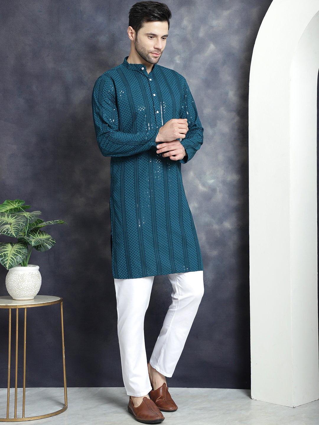 Jompers Men's Sequins Chikankari Embroidered Kurta with Pyjama - Peacock