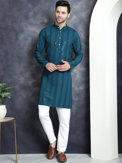 Jompers Men's Sequins Chikankari Embroidered Kurta with Pyjama - Peacock