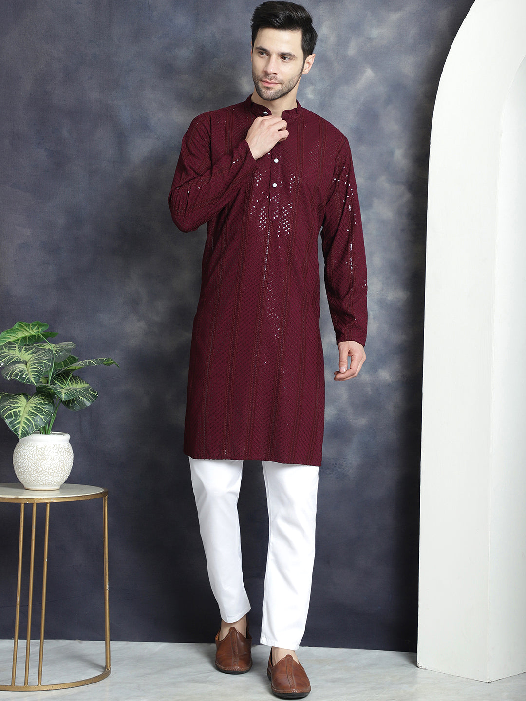 Jompers Men's Sequins Chikankari Embroidered Kurta with Pyjama - Purple
