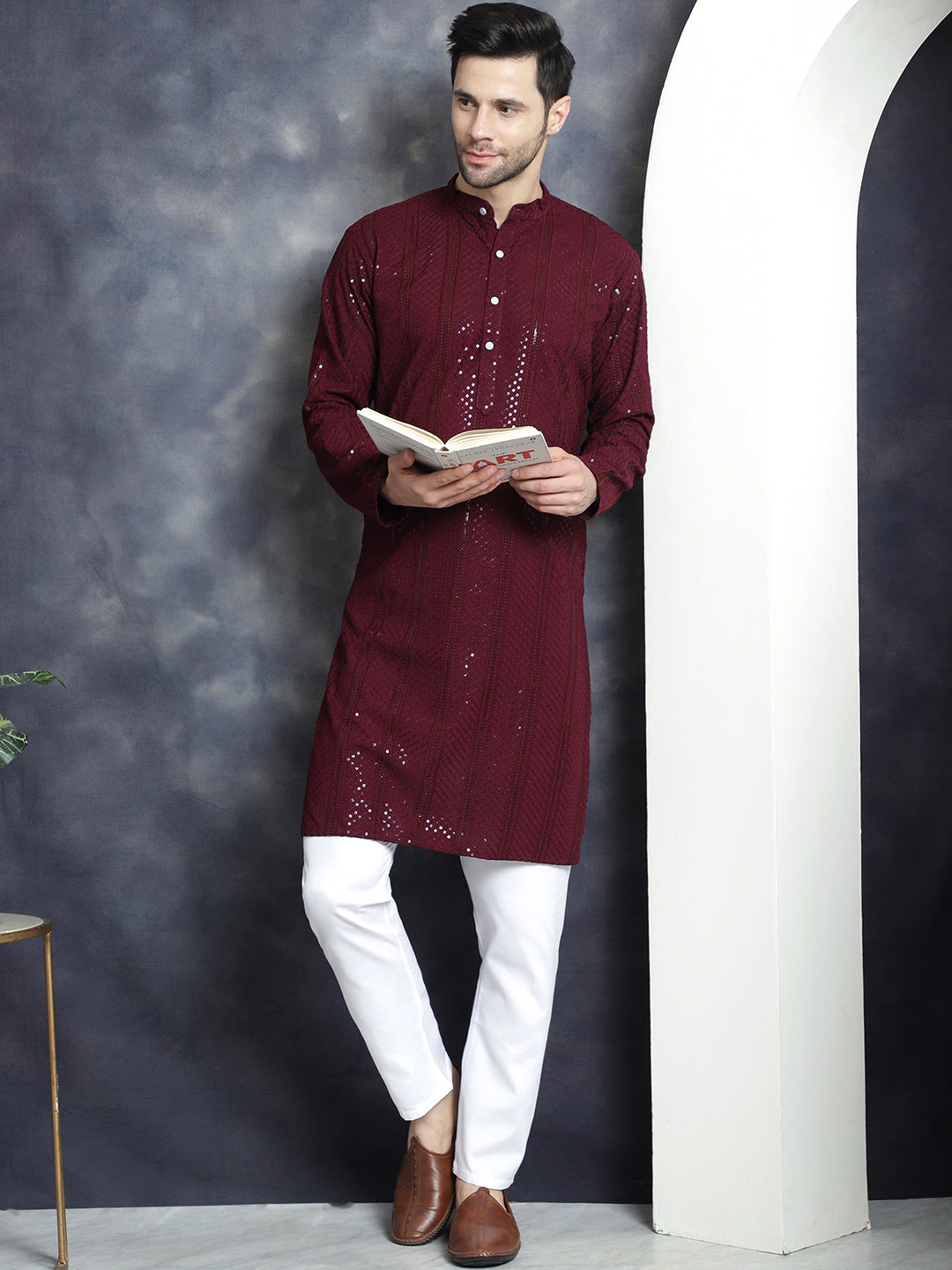 Jompers Men's Sequins Chikankari Embroidered Kurta with Pyjama - Purple