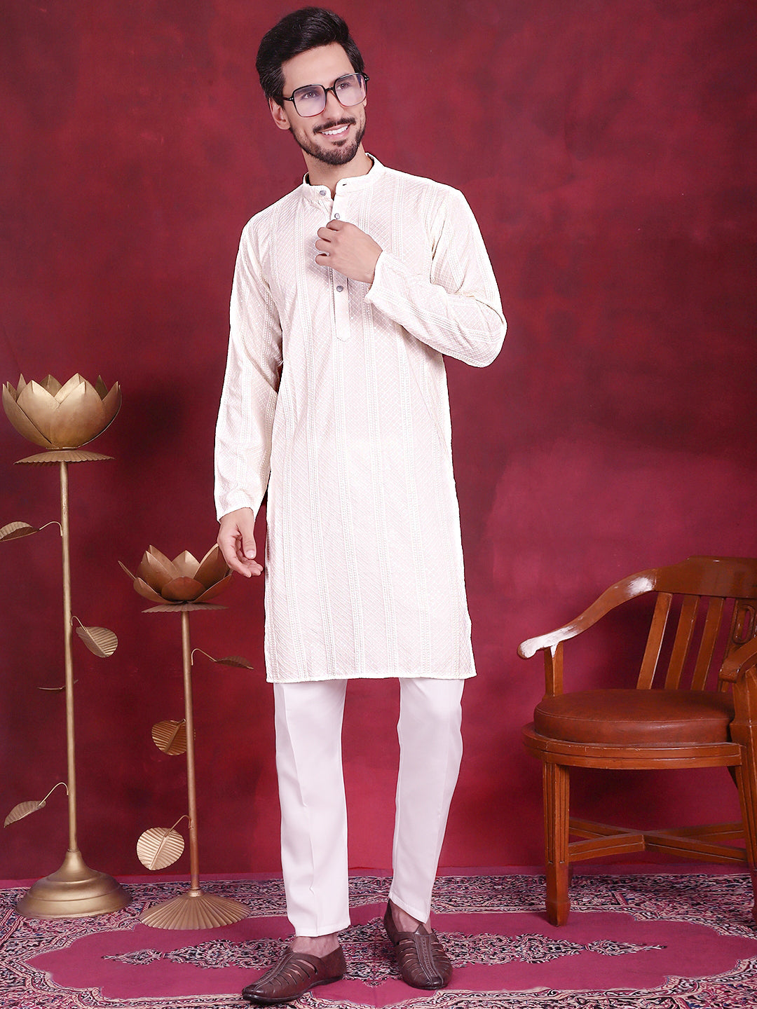 Jompers Men's Sequins Chikankari Embroidered Kurta with Pyjama - White