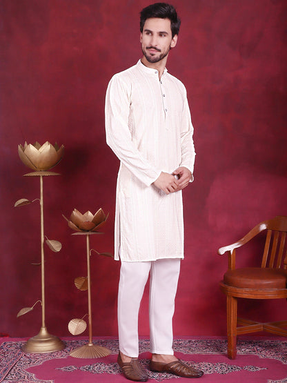 Jompers Men's Sequins Chikankari Embroidered Kurta with Pyjama - White
