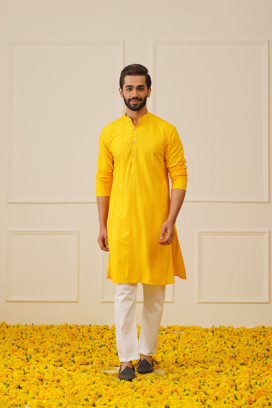 Jompers Men's Sequins Chikankari Embroidered Kurta with Pyjama - Yellow