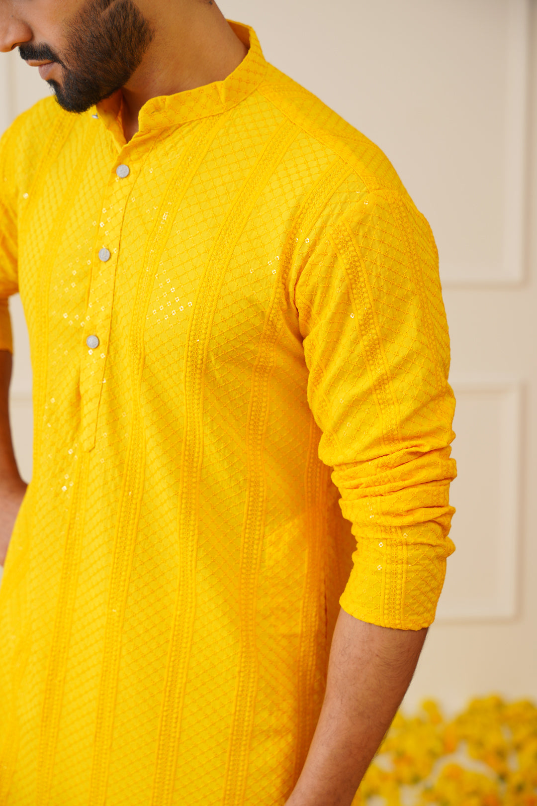 Jompers Men's Sequins Chikankari Embroidered Kurta with Pyjama - Yellow