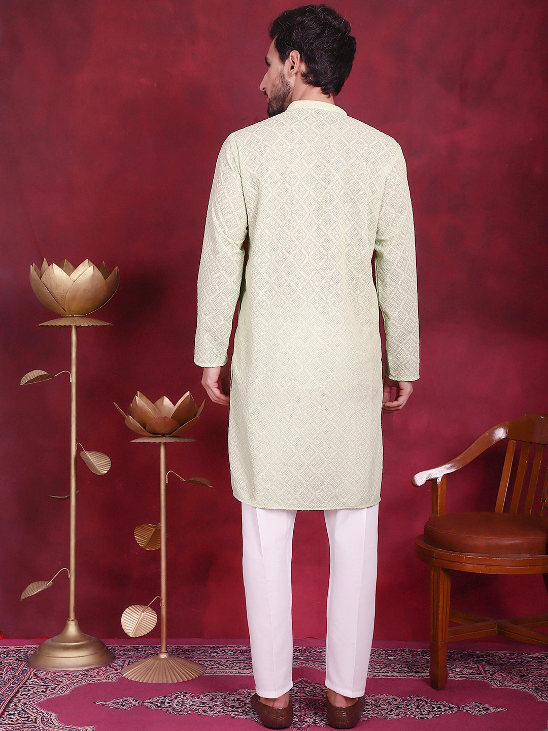 Jompers Men's Chikankari Embroidered Kurta with Pyjama - Pista