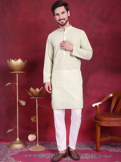 Jompers Men's Chikankari Embroidered Kurta with Pyjama - Pista