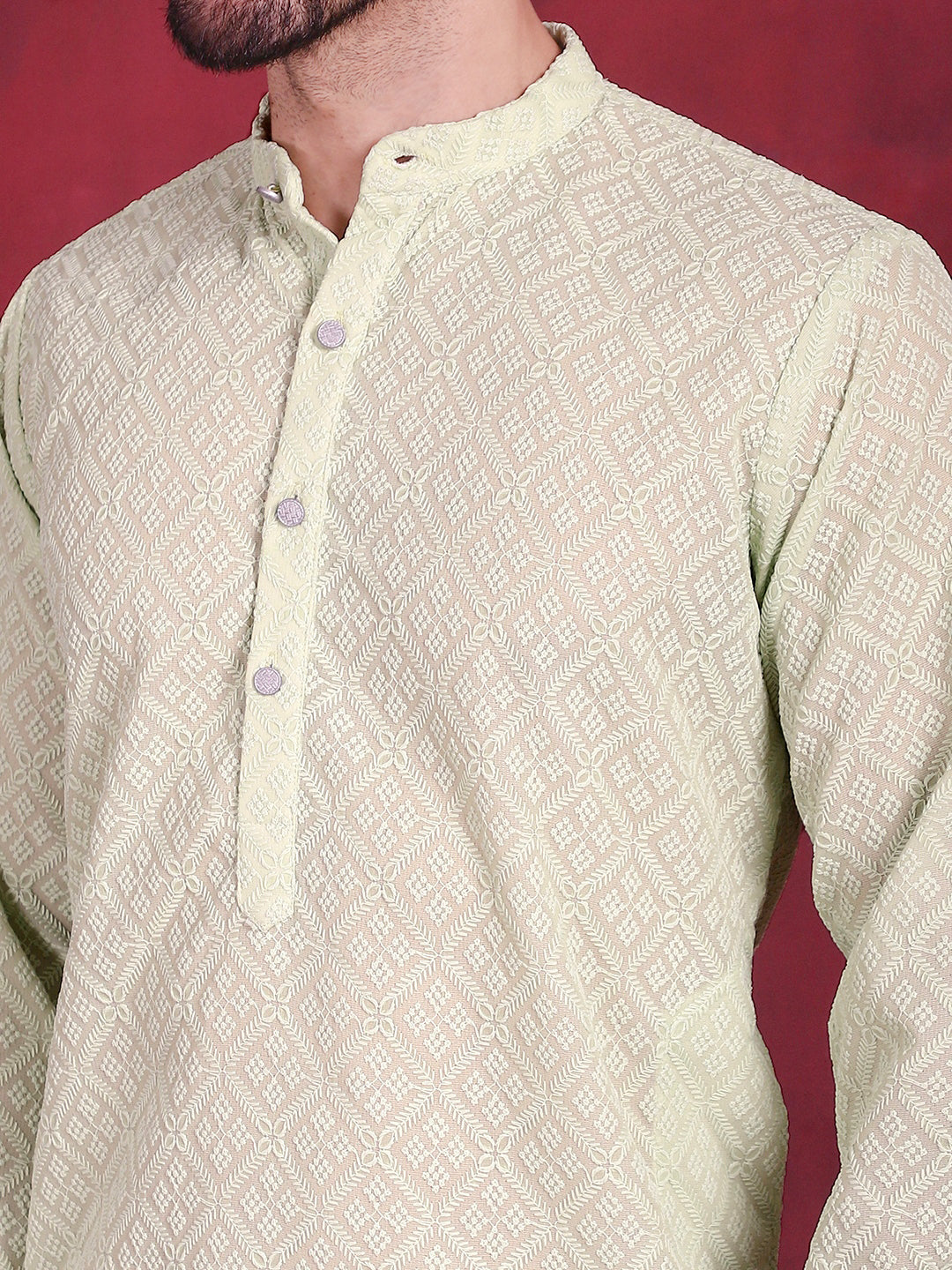 Jompers Men's Chikankari Embroidered Kurta with Pyjama - Pista
