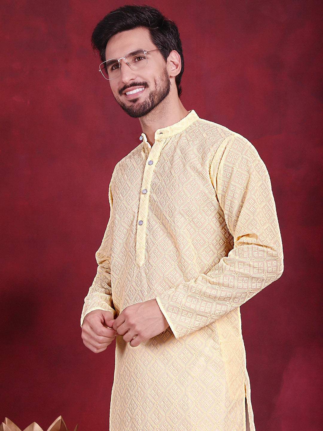 Jompers Men's Chikankari Embroidered Kurta with Pyjama - Yellow