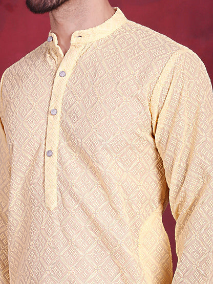 Jompers Men's Chikankari Embroidered Kurta with Pyjama - Yellow