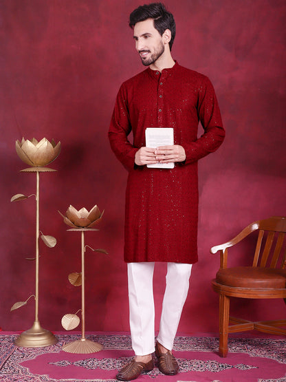 Jompers Men's Sequins Chikankari Kurta with Pyjama - Maroon