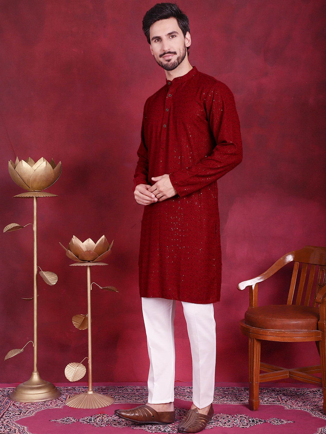 Jompers Men's Sequins Chikankari Kurta with Pyjama - Maroon