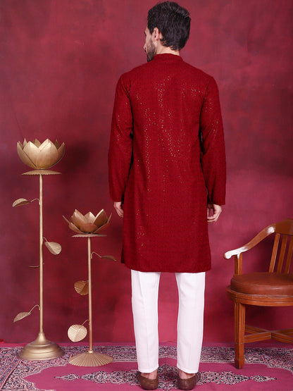 Jompers Men's Sequins Chikankari Kurta with Pyjama - Maroon
