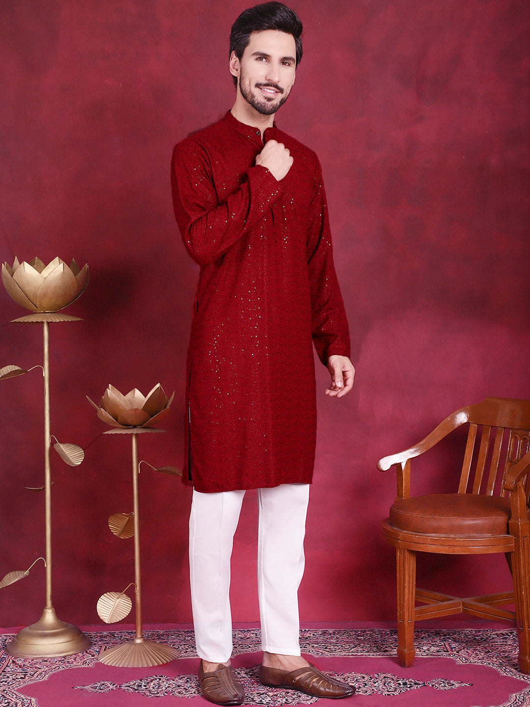 Jompers Men's Sequins Chikankari Kurta with Pyjama - Maroon