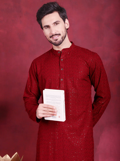 Jompers Men's Sequins Chikankari Kurta with Pyjama - Maroon