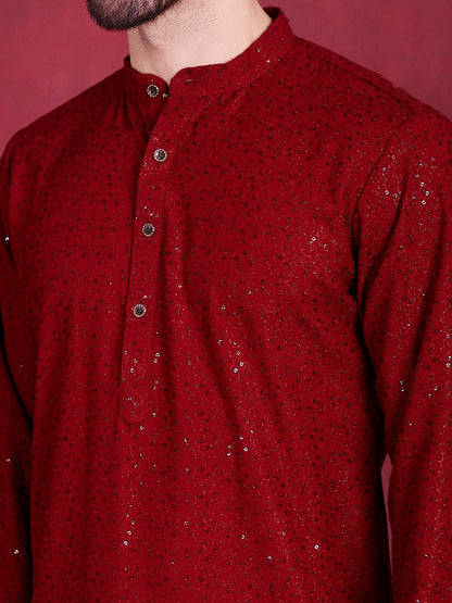 Jompers Men's Sequins Chikankari Kurta with Pyjama - Maroon
