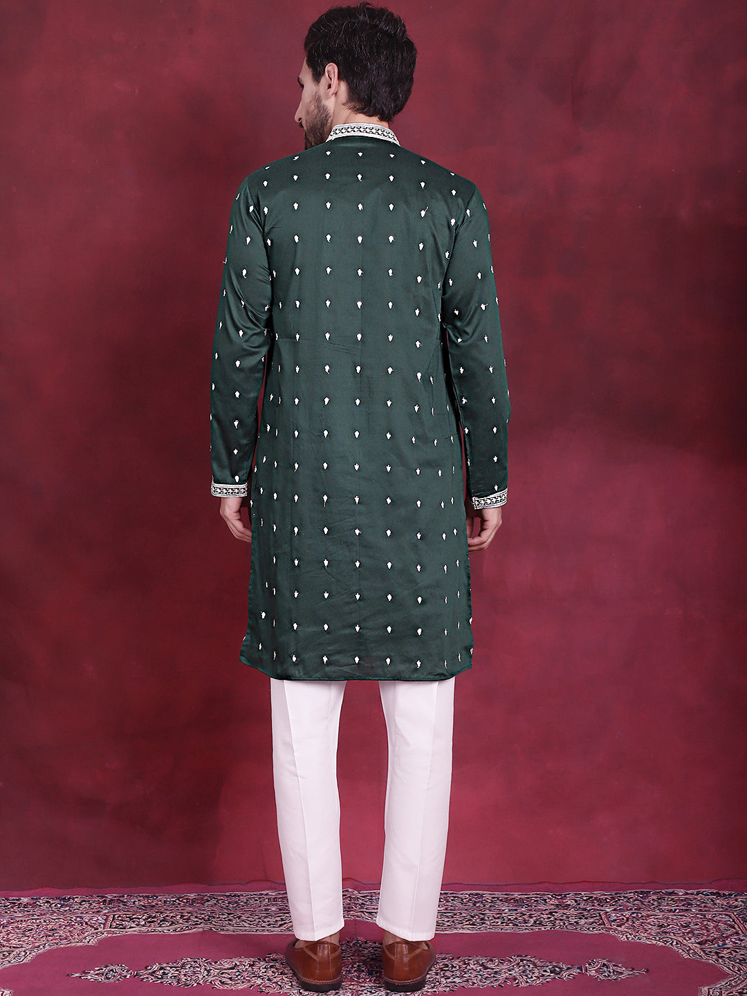 Jompers Men's Sequins Embroidered Kurta Pyjama Set - Olive