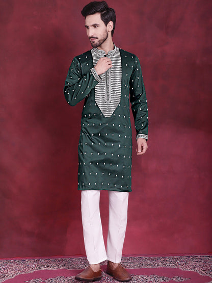 Jompers Men's Sequins Embroidered Kurta Pyjama Set - Olive