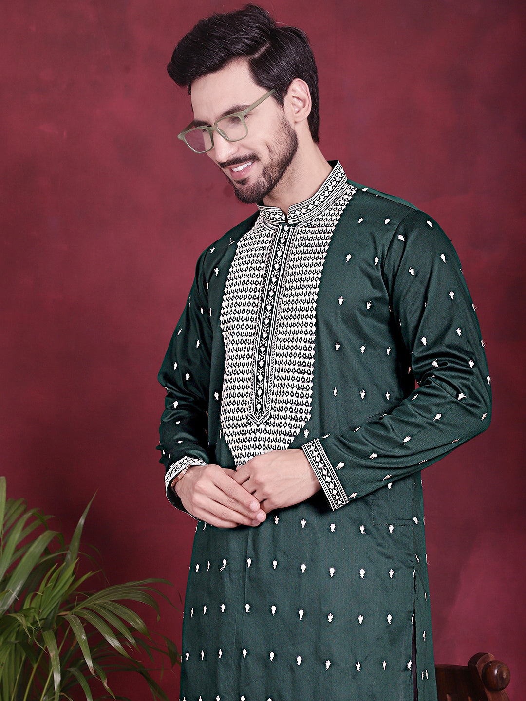 Jompers Men's Sequins Embroidered Kurta Pyjama Set - Olive