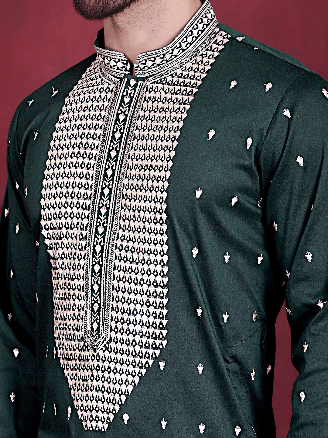 Jompers Men's Sequins Embroidered Kurta Pyjama Set - Olive