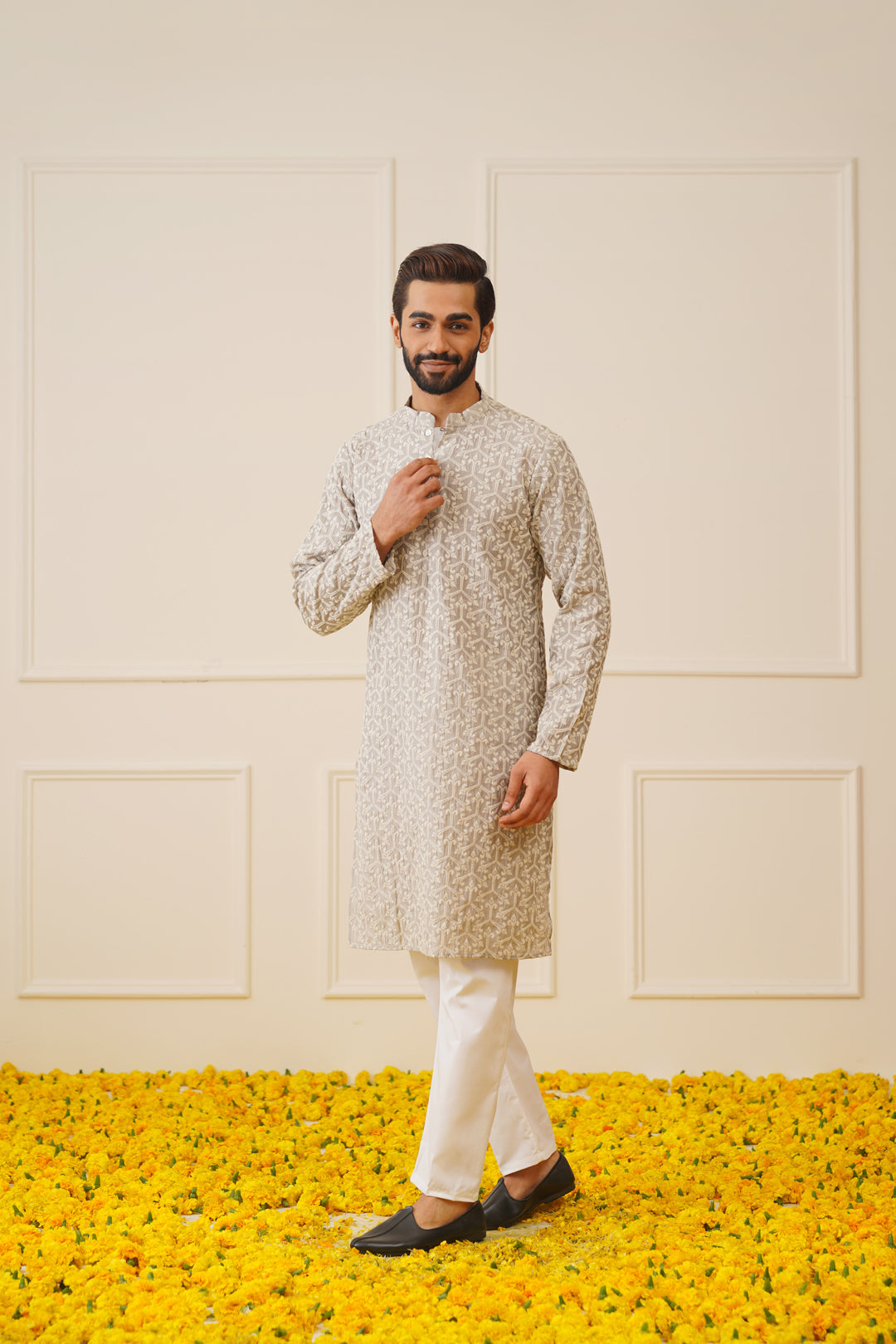 Jompers Men's Chikankari Embroidered Kurta - Grey