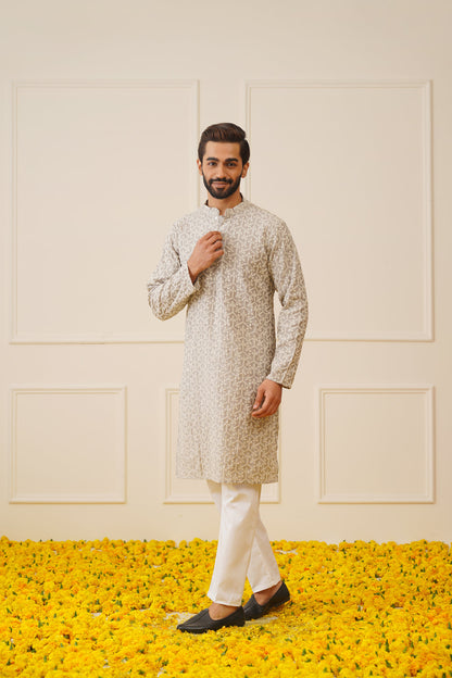 Jompers Men's Chikankari Embroidered Kurta - Grey