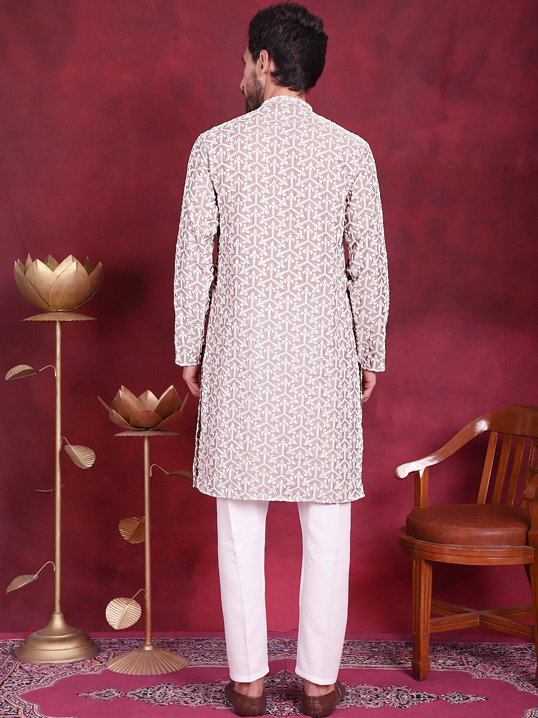 Jompers Men's Chikankari Embroidered Kurta Pyjama Set - Grey
