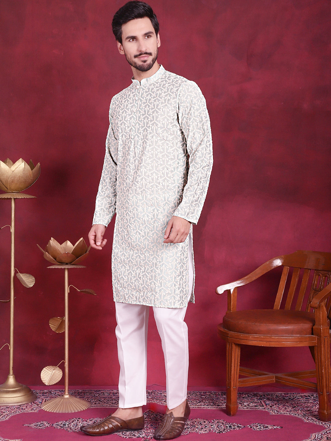 Jompers Men's Chikankari Embroidered Kurta Pyjama Set - Pista