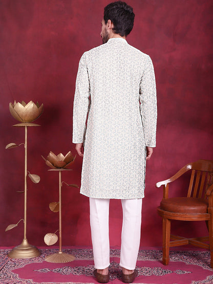 Jompers Men's Chikankari Embroidered Kurta Pyjama Set - Pista