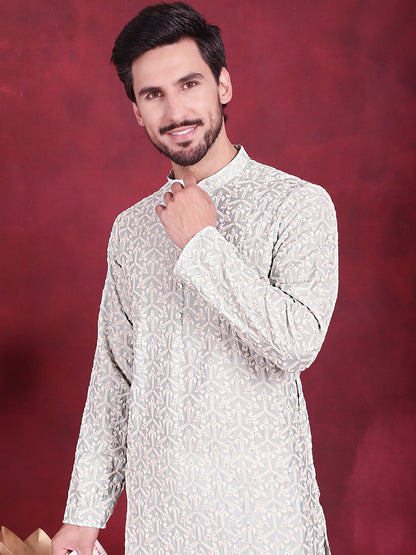 Jompers Men's Chikankari Embroidered Kurta Pyjama Set - Pista