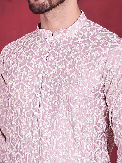 Jompers Men's Chikankari Embroidered Kurta Pyjama Set - Purple