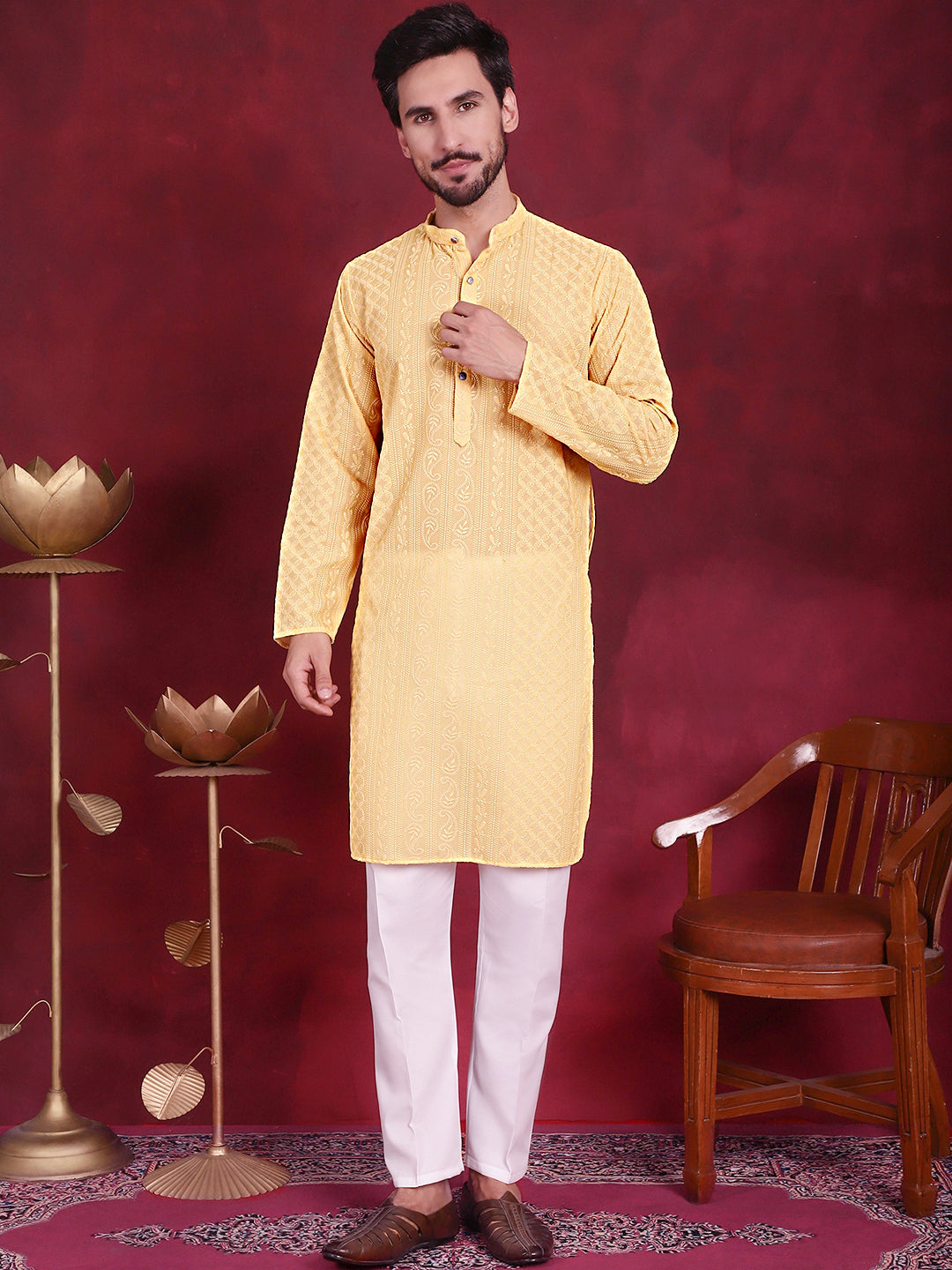 Jompers Men's Chikankari Embroidered Kurta Pyjama Set - Beige