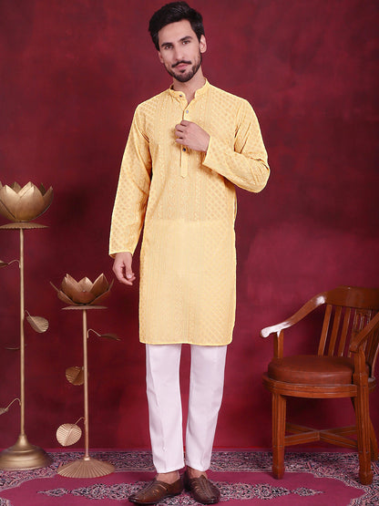 Jompers Men's Chikankari Embroidered Kurta Pyjama Set - Beige