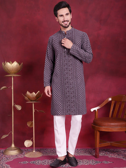 Jompers Men's Chikankari Embroidered Kurta Pyjama Set - Grey