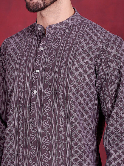 Jompers Men's Chikankari Embroidered Kurta Pyjama Set - Grey