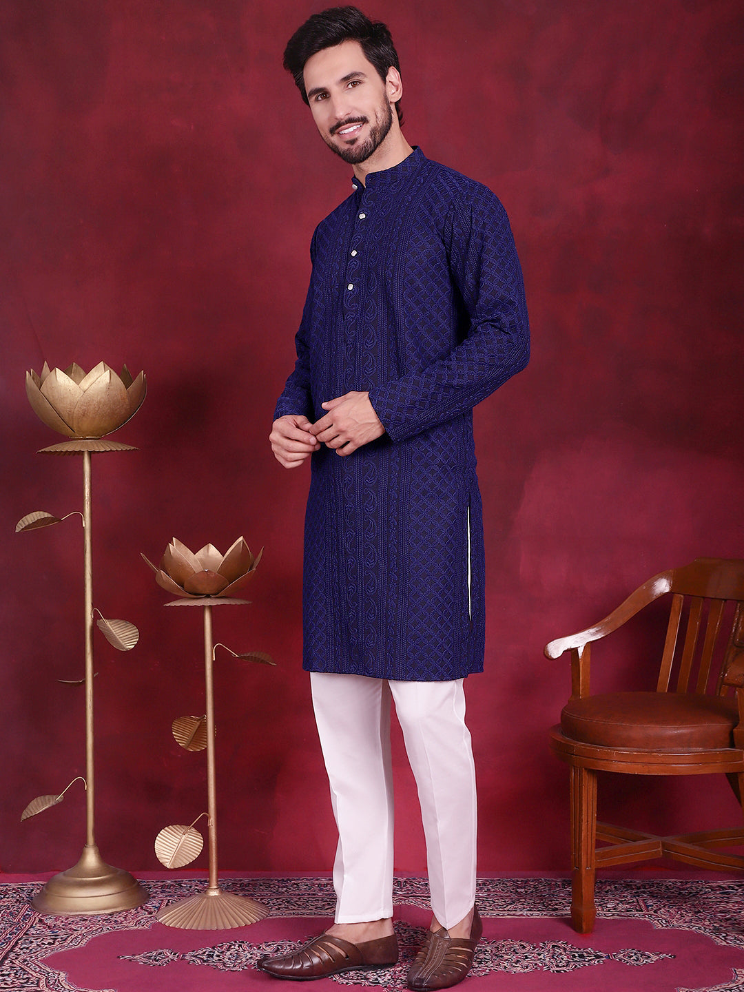 Jompers Men's Chikankari Embroidered Kurta Pyjama Set - Navy Blue