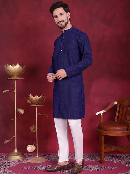 Jompers Men's Chikankari Embroidered Kurta Pyjama Set - Navy Blue