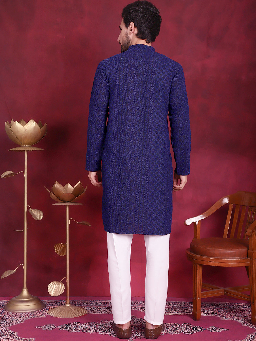 Jompers Men's Chikankari Embroidered Kurta Pyjama Set - Navy Blue