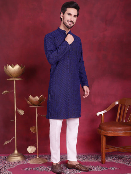 Jompers Men's Chikankari Embroidered Kurta Pyjama Set - Navy Blue