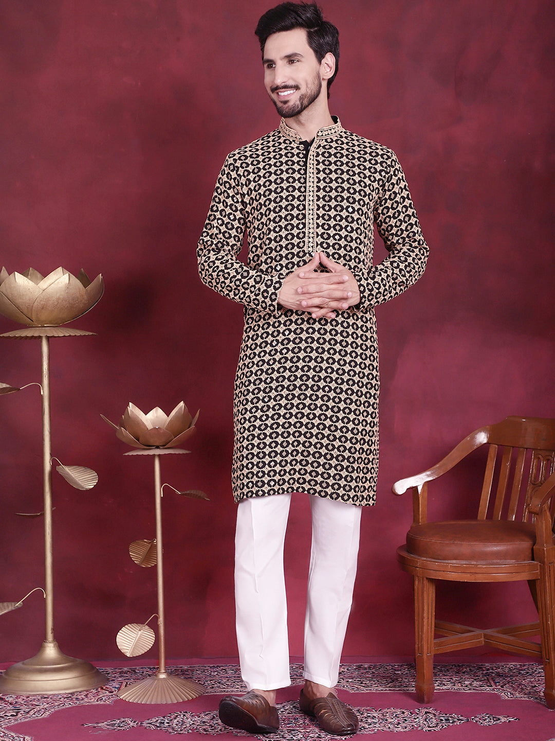 Jompers Men's Sequins Embroidered Kurta with Pyjama - Black