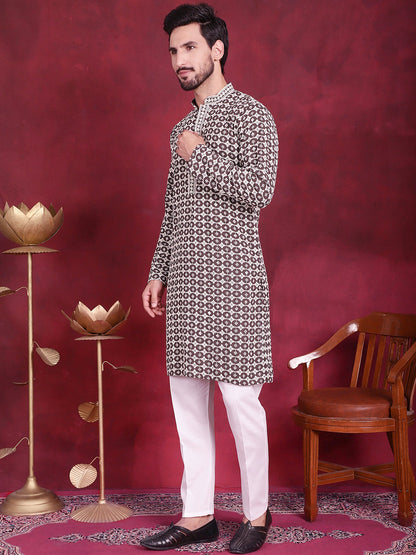 Jompers Men's Sequins Embroidered Kurta with Pyjama - Brown