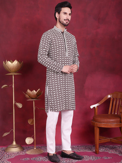 Jompers Men's Sequins Embroidered Kurta with Pyjama - Brown