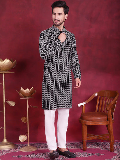 Jompers Men's Sequins Embroidered Kurta with Pyjama - Grey