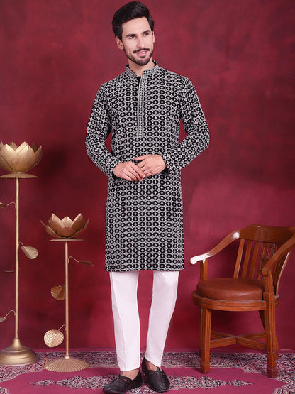 Jompers Men's Sequins Embroidered Kurta with Pyjama - Grey