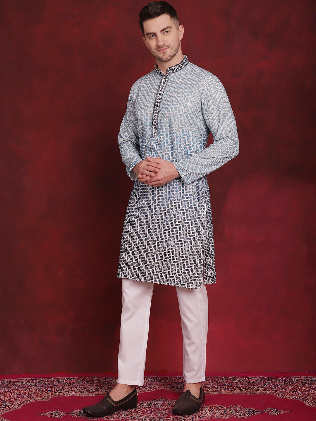 Jompers Men's Sequins Embroidered Kurta with Pyjama - Blue